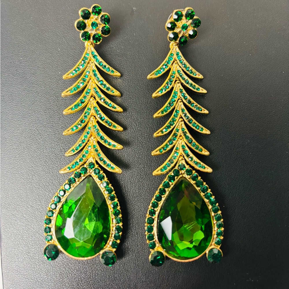 Gold-Tone Emerald Green Teardrop Dangle Earrings - Women Jewelry. 3.5”